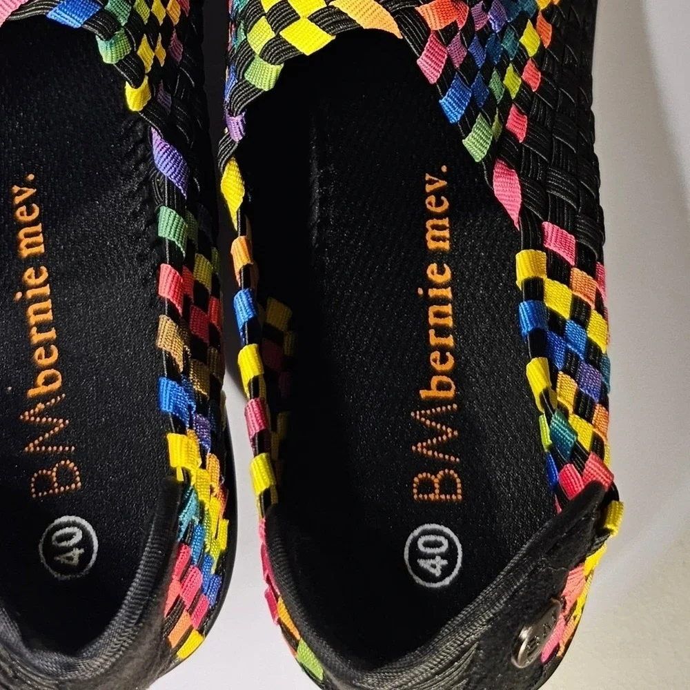Bernie Mev Gem Black Multi Rainbow Woven‎ Elastic Wedge Sneakers Size 40 New NWB